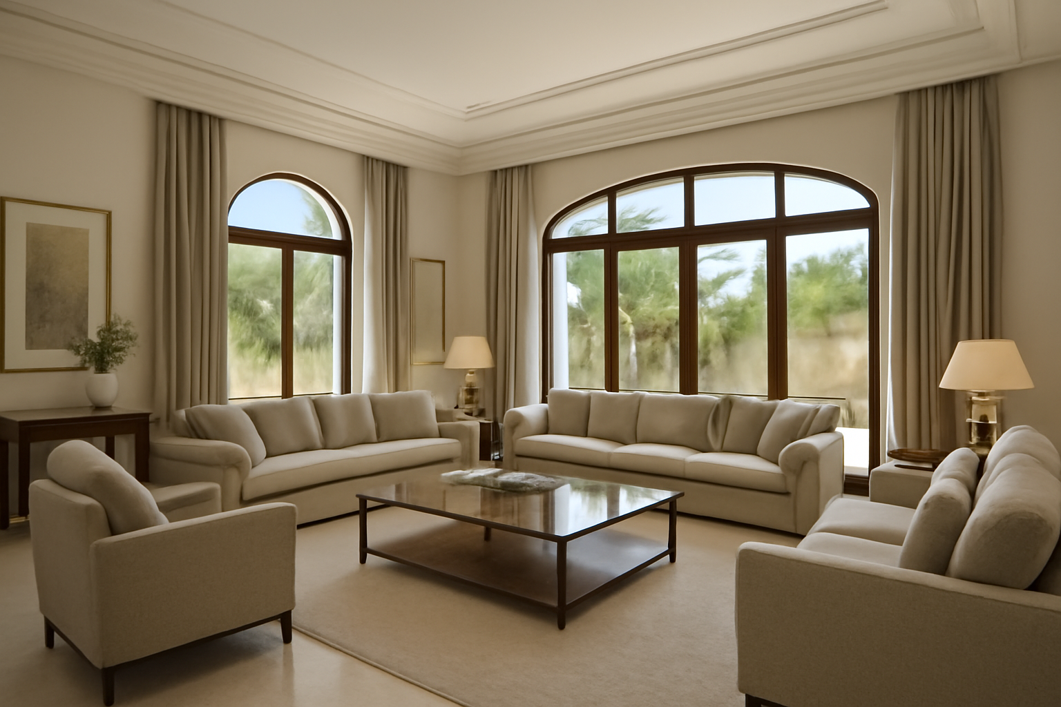 Professional cleaning company in Riyadh: villa majlis scope مشهد توضيحي من زاوية واسعة لمجلس في فيلا بالرياض، مع ترتيب الأثاث وتنضيفه، من غير أشخاص محددين أو شعارات أو كتابة.