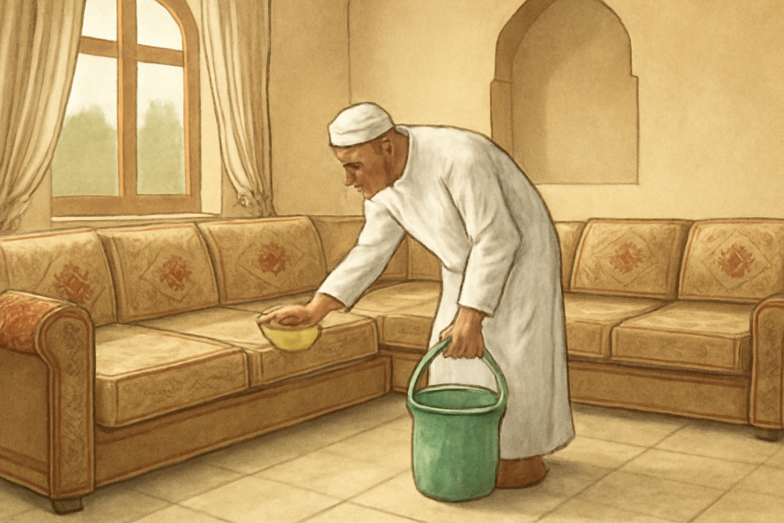 Illustrative scene of a villa majlis being cleaned, showing careful work around seating in natural daylight; no logos or text.