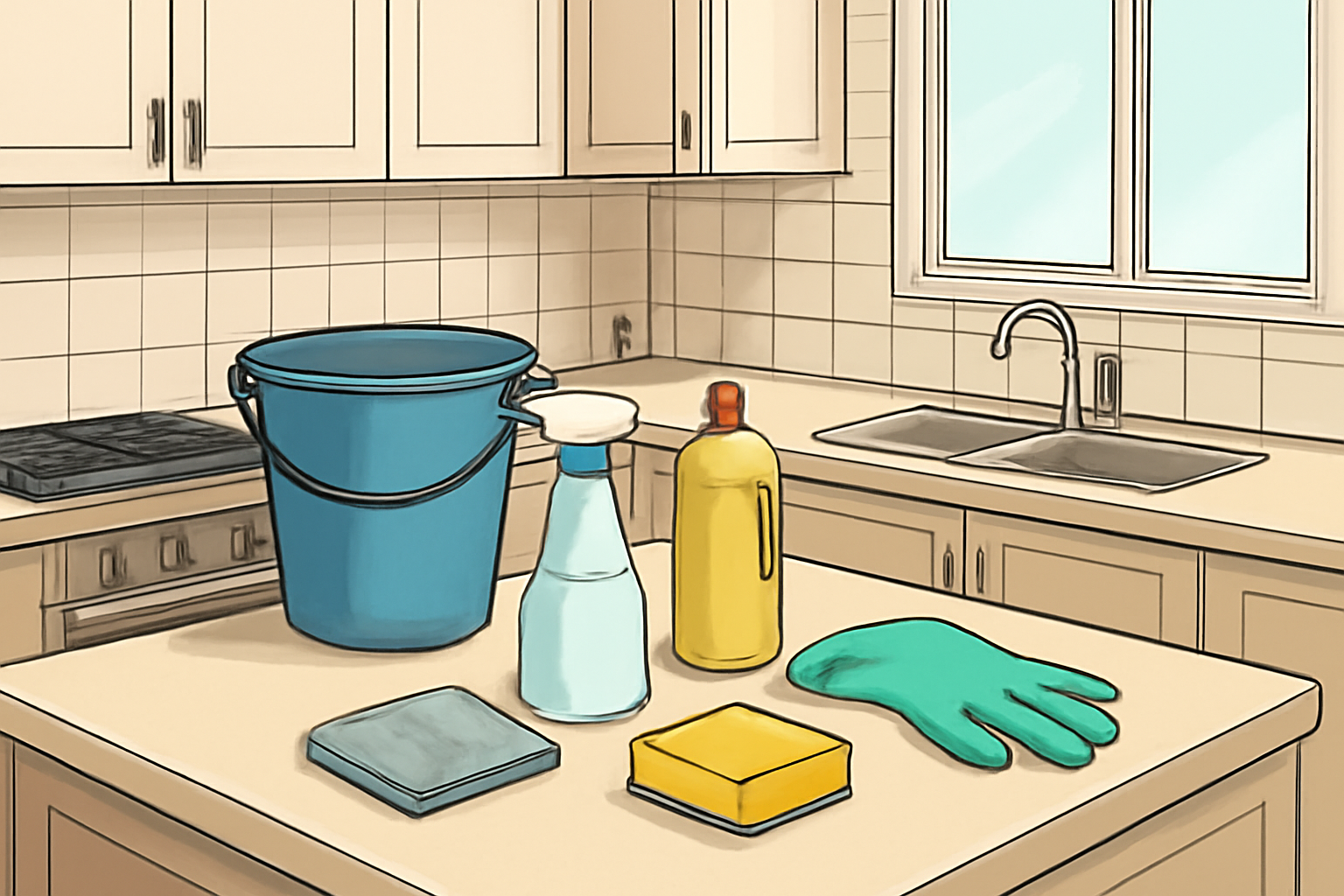 Illustrative scene of a Riyadh home kitchen being prepared for a deep clean, with suitable tools beside clear countertops; no people, logos, or text.