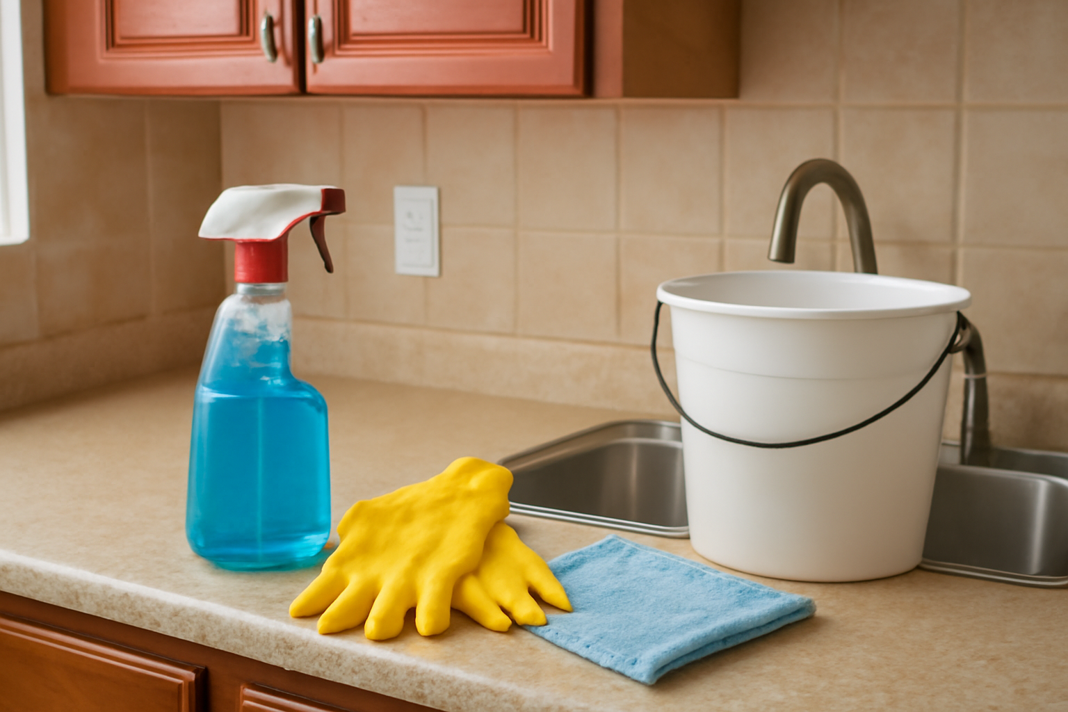 Riyadh house cleaning company: kitchen task details مشهد توضيحي من زاوية قريبة لمطبخ بيت بالرياض، فيه سطح وأدوات تنظيف مناسبة أثناء تجهيز المكان للتنضيف، من غير كتابة أو شعارات.