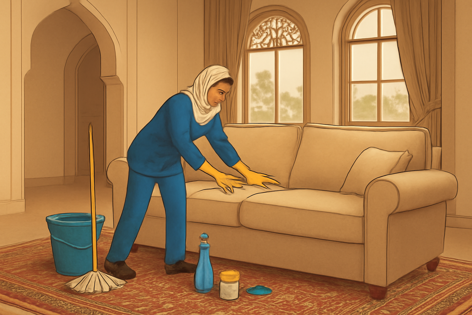 Illustrative scene of a cleaner wiping a sofa in a Riyadh villa majlis, with a rug and neatly arranged cleaning tools; no logos or written text.