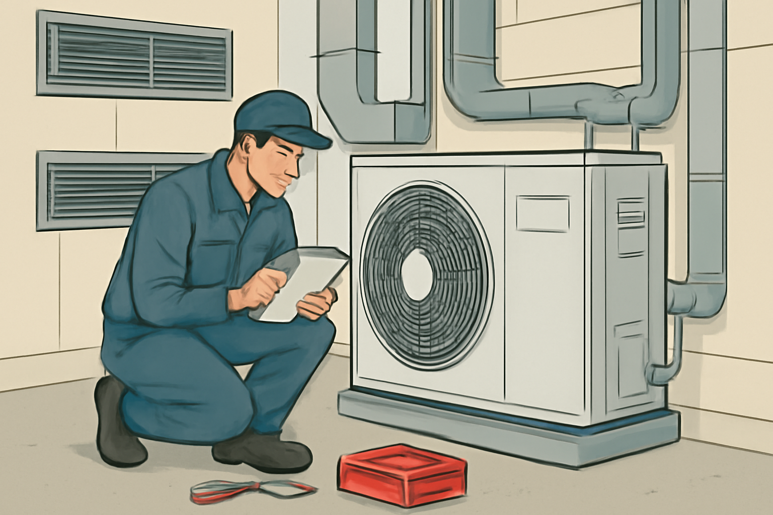 Illustration of a technician examining a central air-conditioning system in a commercial building, with vents and service tools in view and no logos or text.
