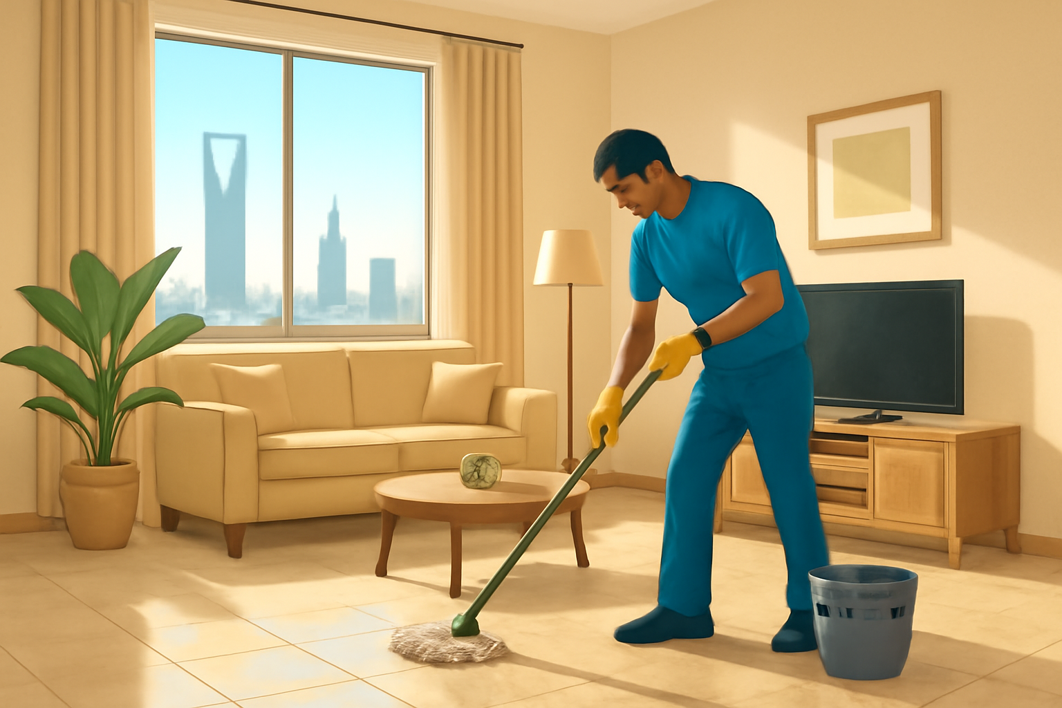 Riyadh cleaning company: illustrated living-room cleaning scene مشهد توضيحي مرسوم لغرفة معيشة في الرياض، فيها عامل بينضف الأرضية بأدوات مناسبة وضوء طبيعي، من غير شعارات أو كتابة.