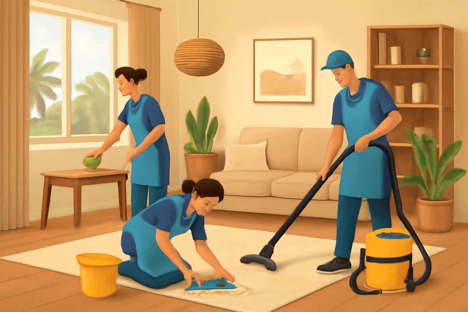 Illustrative scene of a cleaning team working in a Riyadh home living room, with suitable tools and natural materials; no logos or text.