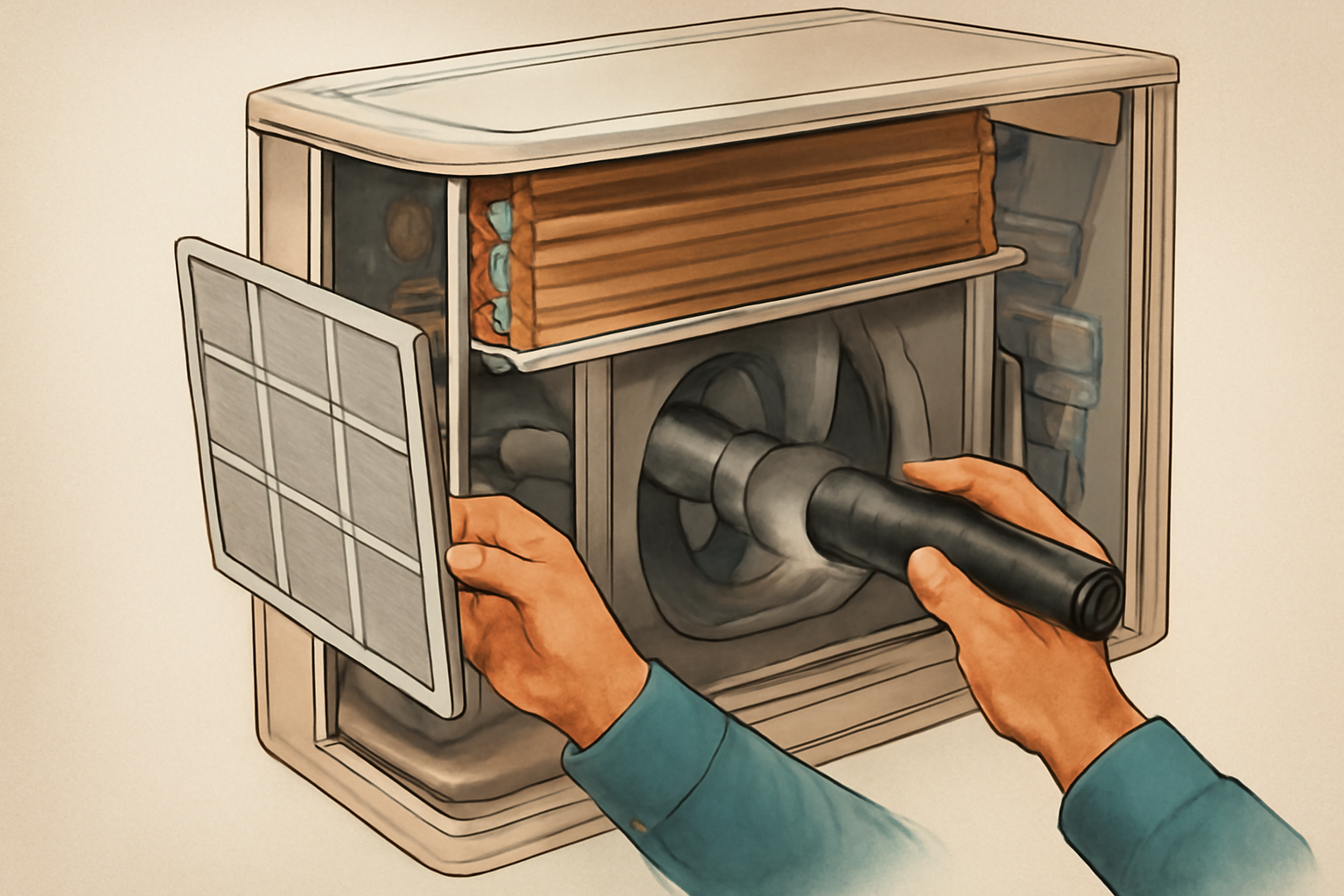 Cutaway illustration showing an air-conditioner filter, coil, and drain being inspected, with each part clearly visible and no labels or text.