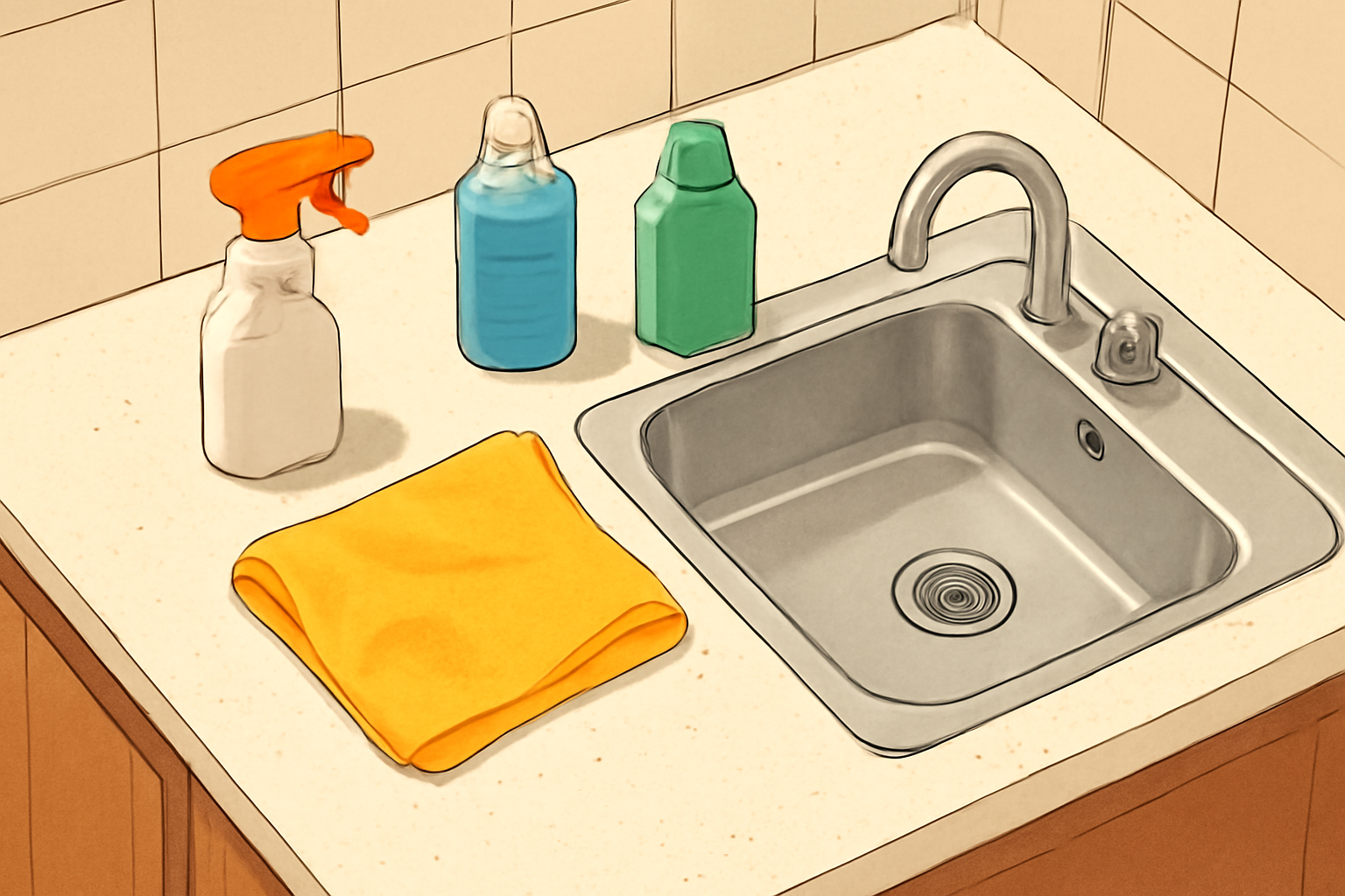Illustrative overhead scene of a kitchen counter being cleaned in a Riyadh home, with a cloth and basic supplies beside the sink; no people, logos, or written text.