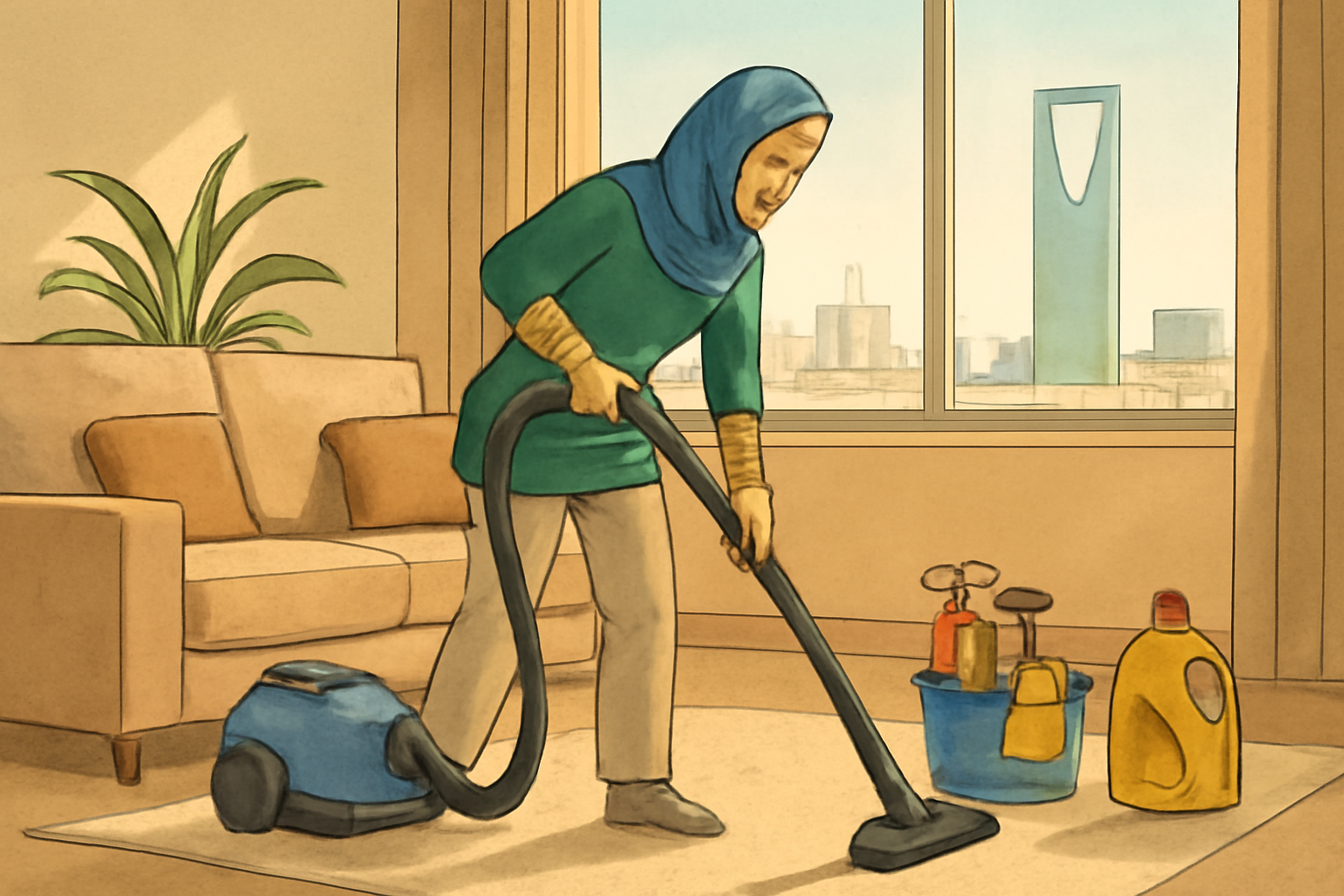 Illustrative scene of a home cleaner vacuuming a living room in Riyadh, with everyday cleaning supplies nearby and natural daylight; no logos or written text.