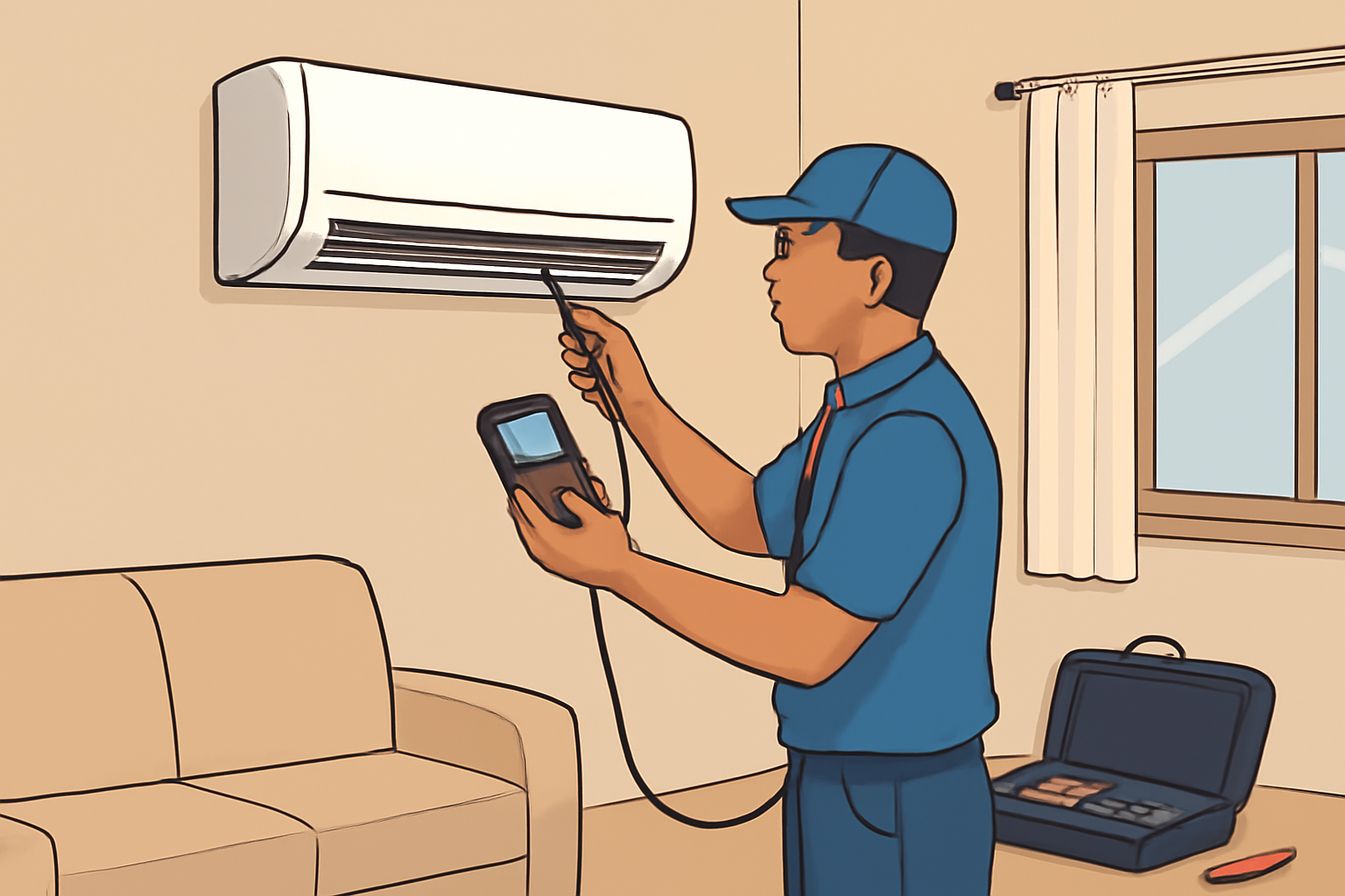 Illustration of an air-conditioning technician checking a wall-mounted split unit in a Riyadh home, with simple tools nearby and no logos or text.